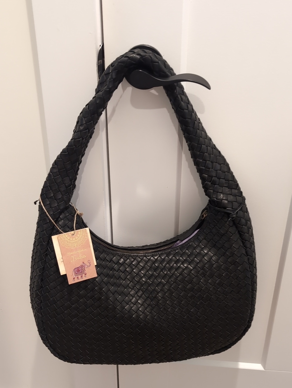 Woven Hobo Shoulder Bag - Black Leather